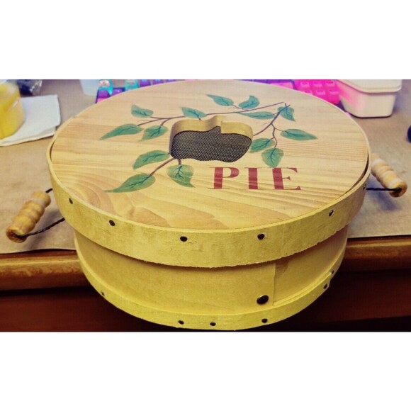 PIE HOLDER/ CARRIER bentwood box 2 Handled Hand Painted Farmhouse 11" W - Picture 2 of 6